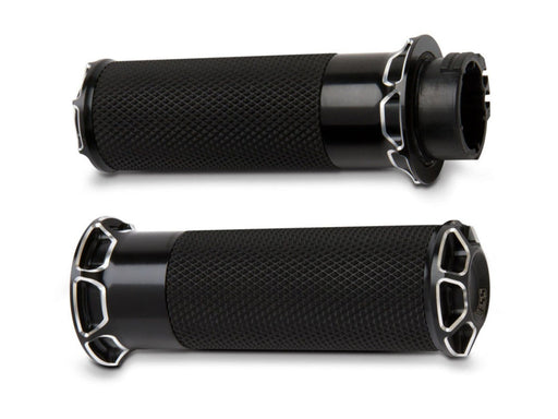 Fusion Beveled Handgrips - Black. Fits H-D with Throttle Cable.