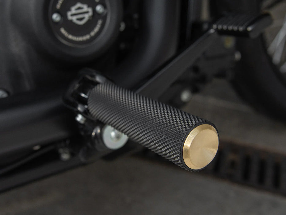 Knurled Fusion Footpegs - Brass. Fits Softail 2018up Front Rider