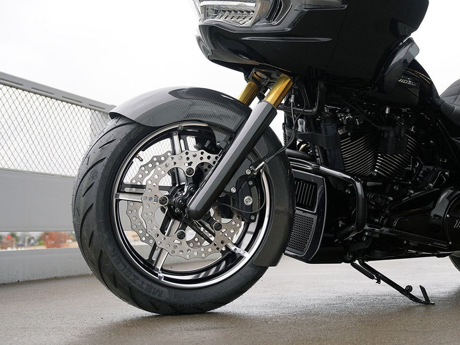 Carbon Fibre Radial Fat Wrap Front Fender. Fits CVO Touring 2023up, Street Glide & Road Glide 2024up & Touring 2025up with 18in.x8in. Front Wheel