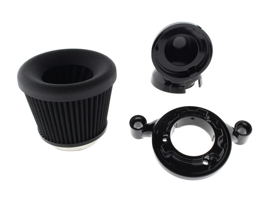 Velocity 90° Air Cleaner Kit - Black. Fits Softail 2000-2015, Dyna 1999-2017, Touring 1999-2007 with CV Carb or Cable Operated Delphi EFI