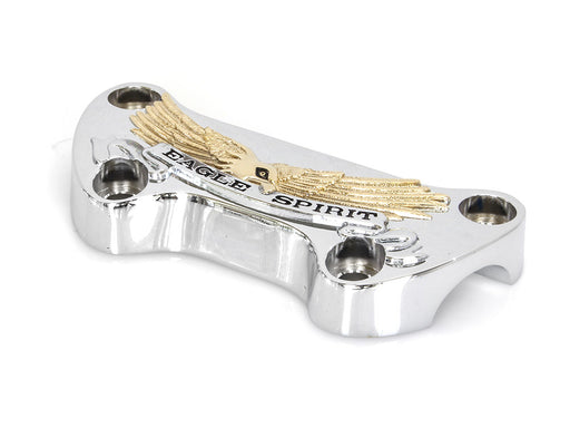 Eagle Spirit Logo Handlebar Top Clamp - Chrome & Gold. Fits HD Big Twin 1974up & Sportster 1974-2021.