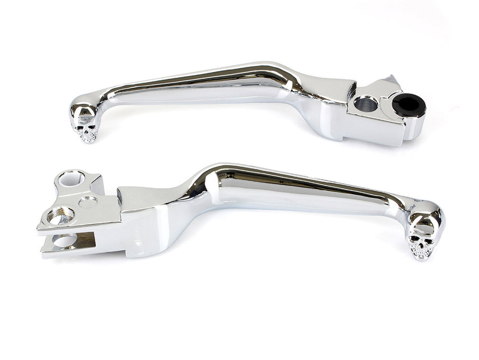 Hand Levers with Custom Skull Head Ends - Chrome. Fits Big Twin 1996-2006 & Sportster 1996-2003.