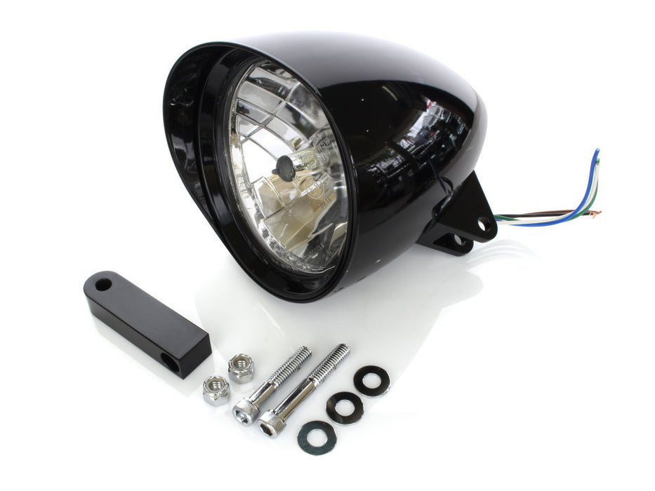 5-3/4in. Bullet Billet Headlight with Visor & Extended Mount - Gloss Black