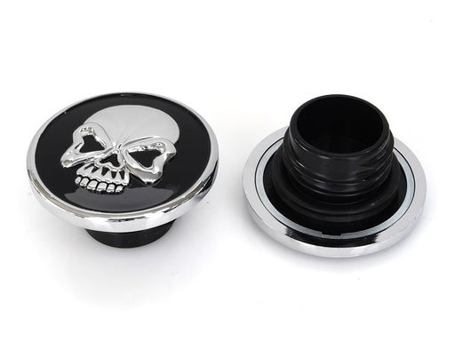 Screw-In Fuel Caps - Chrome & Black Skull. Fits H-D 1982-1995.
