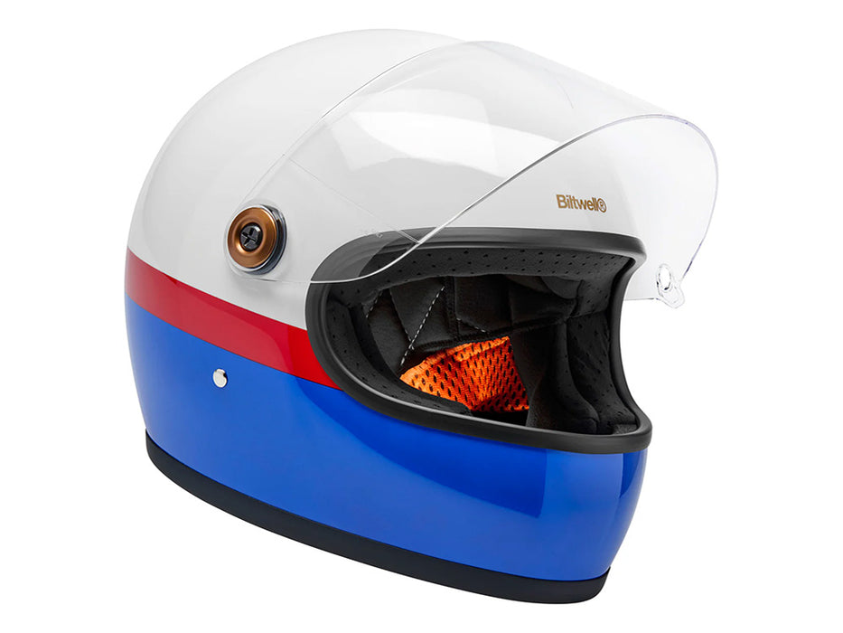 Gringo S Helmet - Apex Gloss White, Red & Blue with ECE R22.06 Compliance