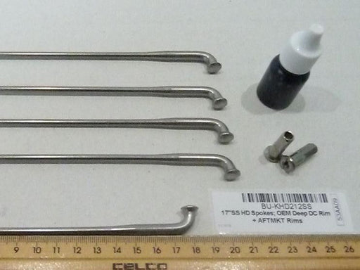 17in. Heavy Duty Spokes - Stainless Steel. Fits the Genuine H-D Smooth Profile Rim when used in conjunction with 1997up H-D style Rear Hub or H-D Style Wide Glide Front Hub.
