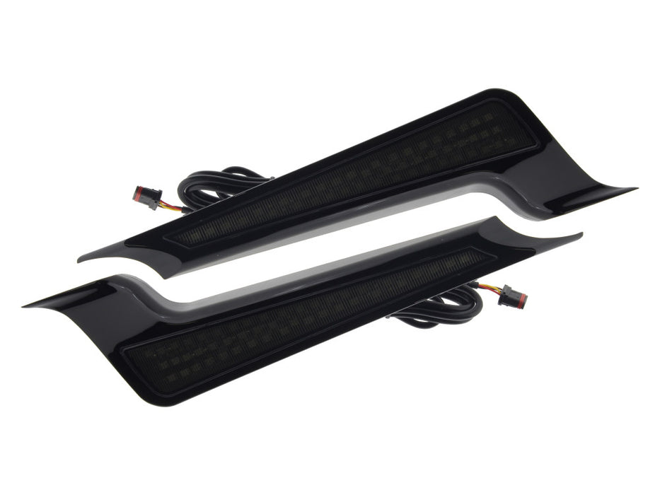 LED Fascia Panels. Red Run/Brake and Amber Turn with Smoke Lens & Black Housing. Fits Street Glide, Road Glide & Road King Special 2014up.
