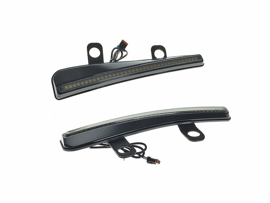 LED Windshield Trim with Turn Signals - Smoke Lens, Gloss Black Housing. Fits CVO Road Glide (inc 'ST') 2023up & Roadglide 2024up.
