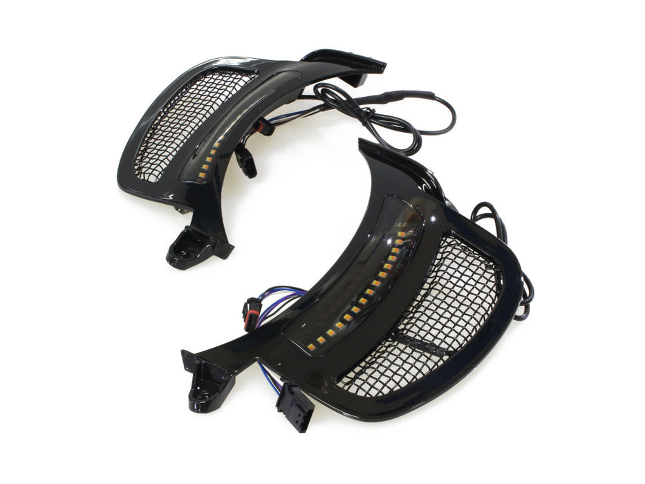 Dynamic LED Vent Inserts With Amber & White LED's - Black with Black Mesh. Fits Road Glide 2015-2023