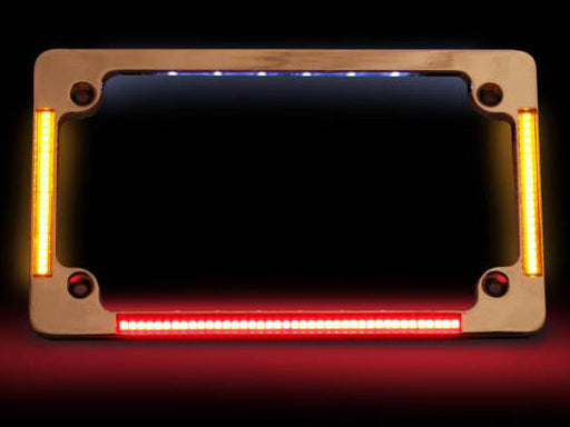 Flat Number Plate Frame with LED Amber Turn Signals & Red Brake Light - Chrome.