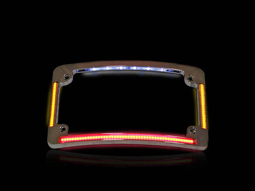 Curved Number Plate Frame with LED Amber Turn Signals & Red Brake Light - Chrome.