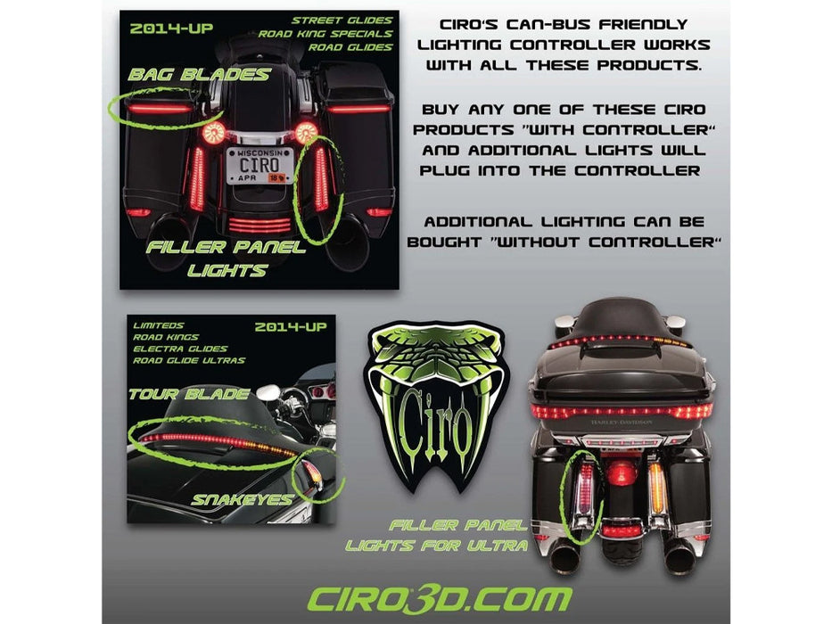LED Filler Panel Lights. Red Run & Brake with Amber Turn and Chrome Housing. Fits Ultra & Road King Touring Models 2014-2024 & Street/Road Glide ST 2022-2023