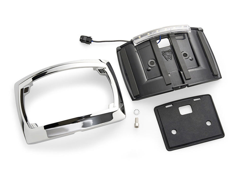 Curved Number Plate Frame with Number Plate Light Only - Chrome. Fits CVO Touring 2023up & Street Glide & Road Glide 2024up