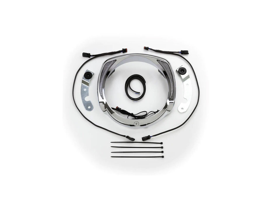 Fang LED Headlight Bezel with Amber Turn Signals & White Running Lights - Chrome. Fits Touring 2014-2023