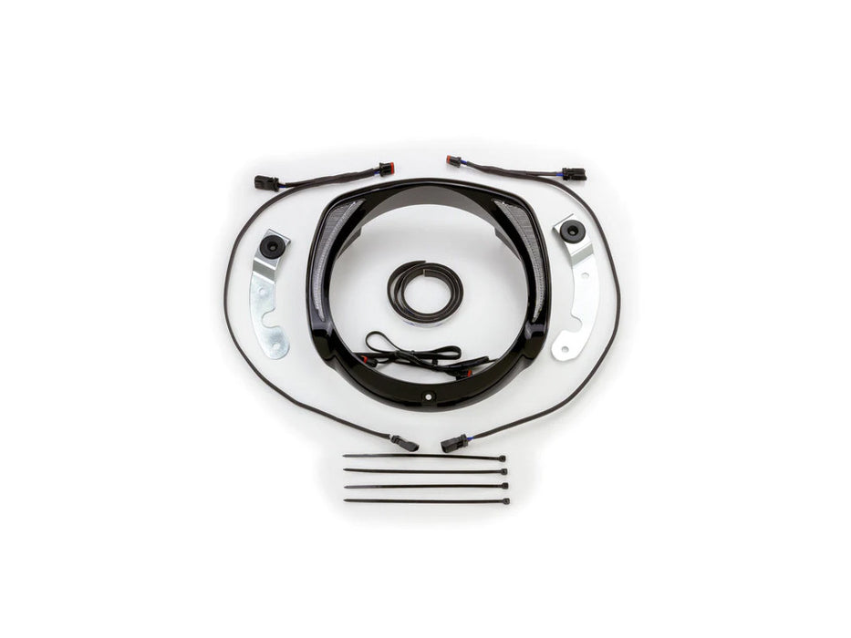 Fang LED Headlight Bezel with Amber Turn Signals & White Running Lights - Black. Fits Touring 2014-2023