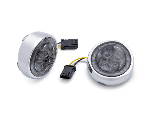 Fang LED Front Turn Signal Inserts - Chrome. Amber Turn, White Run with Smoke Lenses. Fits CVO Touring 2016up Models.