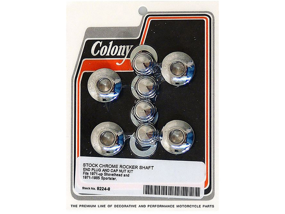 Colony - Stock Rocker Shaft Plug & Nut Kit – Chrome. Fits Shovel 1971-1984 & Sportster 1971-1985.