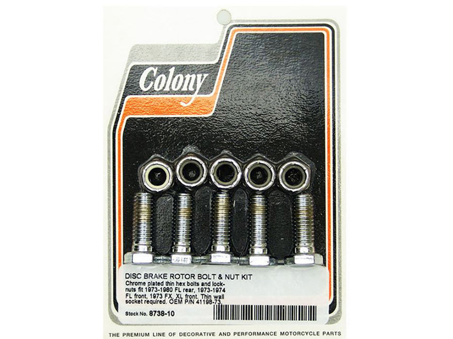 Rear Disc Rotor Bolts - Chrome. Fits Rear on Big Twin 1973-1980 & Front on 4Spd FL 1973-1984