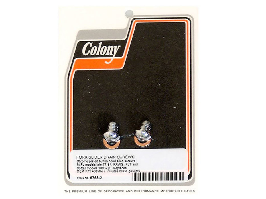 Button Head Allen Fork Slider Drain Bolts - Chrome. Fits Softail 1984-2017, FXWG 1980-1986, Dyna Wide Glide 1993-2005 & Touring 1977-2013 with 41mm Fork Tubes
