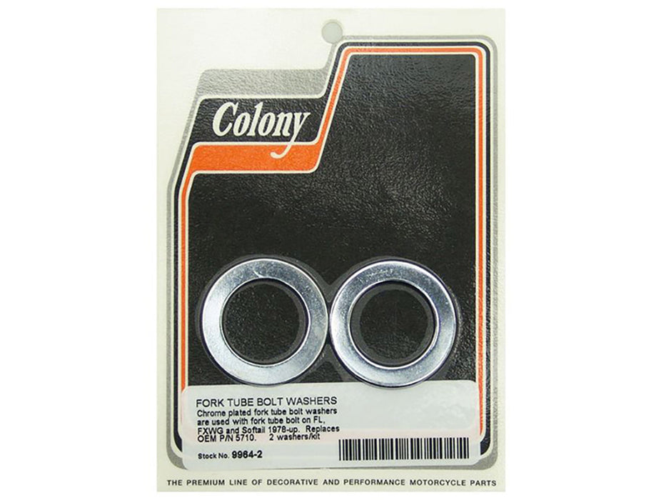Fork Tube Bolt Washer - Chrome. Fits Big Twin 1978-2017 with Wide Glide Front End.