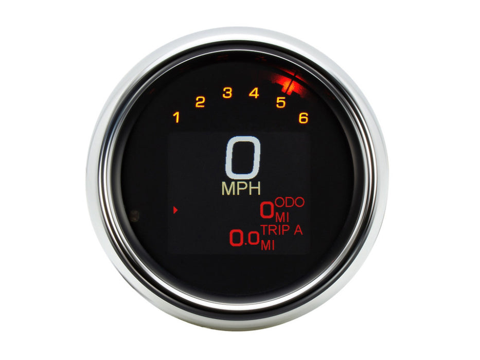 3-3/8in. Round KPH Speedometer with Tachometer - Chrome. Fits Softail Fat Bob 2018up, Sportster 2014-2021, Dyna Street Bob, Low Rider & Wide Glide 2012-2017 & Softail Breakout, Rocker & Black Line 2011-2017.
