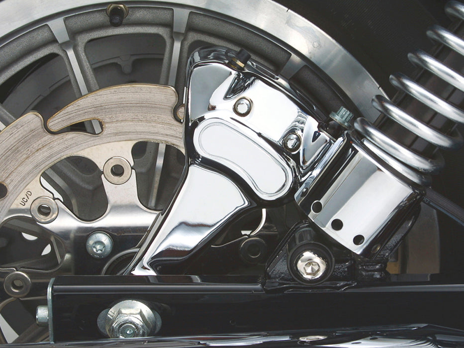 Right Hand Rear 4 Piston Caliper & Mounting Bracket - Chrome. Fits Dyna 2000-2005