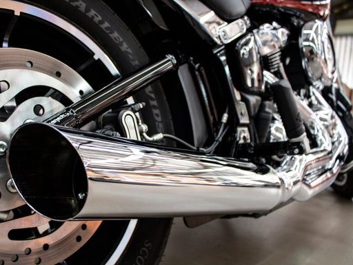 Low Cat 2-into-1 Exhaust - Chrome. Fits Softail 2018-2024 Non-240 Tyre Models