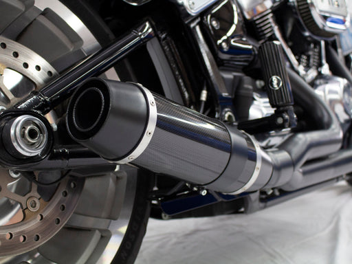 Bob Cat 2-into-1 Exhaust - Black with Carbon Fibre Sleeve Muffler. Fits Breakout & Fat Boy 2018up & FXDR 2019up.