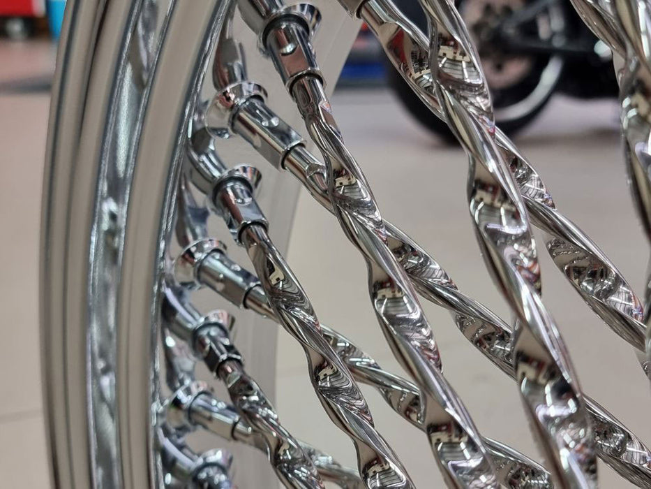 23in. x 3.5in. Cali Fat Spoke Front Wheel - Chrome. Fits Softail Heritage 2011up, Deluxe 2011-2020, Slim 2012-2021 & Fatboy 2011-2017