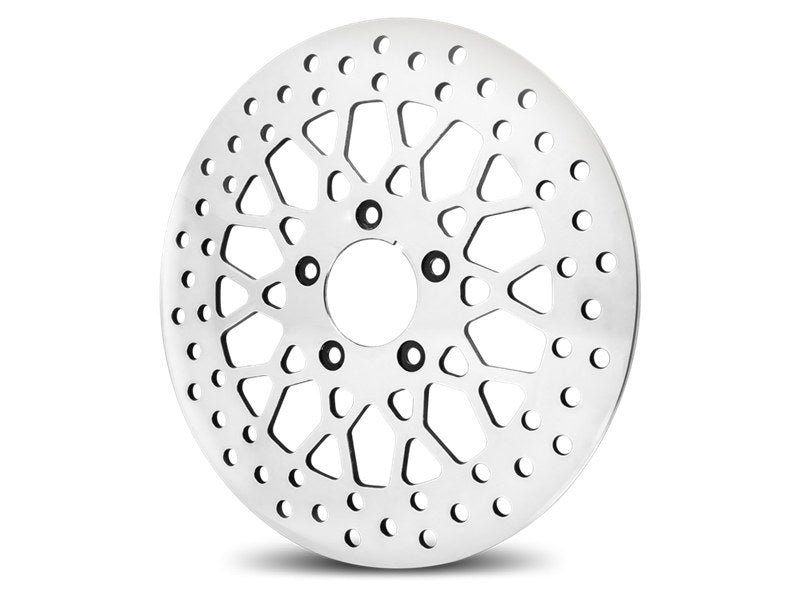 11.8in. Front Mesh Disc Rotor - Polished. Fits Dyna 2006-2017, Softail 2015up, Sportster 2014-2021 & Some Touring 2008-2023