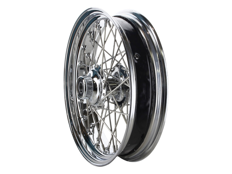 16in. x 3.5in. Front 40 Spoke Cross Laced Wheel - Chrome. Fits Softail Heritage 2011up, Deluxe 2011-2020, Slim 2012-2021 & Fatboy 2011-2017