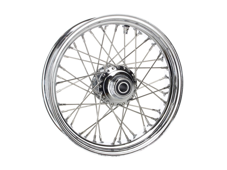 16in. x 3.5in. Front 40 Spoke Cross Laced Wheel - Chrome. Fits Softail Heritage 2007-2010, Deluxe 2007-2010 & Fatboy 2008-2010