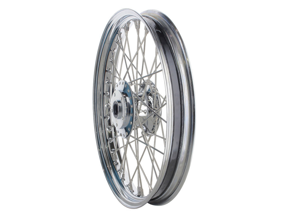 19in. x 2.15in. Front 40 Spoke Cross Laced Wheel - Chrome. Fits Narrow Glide Dyna 1991-1999, FXR 1984-1994 & Sportster 1984-1999.