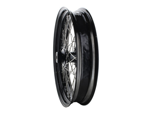 21in. x 3.5in. 40 Spoke Cross Laced Front Wheel - Gloss Black & Chrome. Fits Softail Heritage 2011up, Deluxe 2011-2020, Slim 2012-2021 & Fatboy 2011-2017
