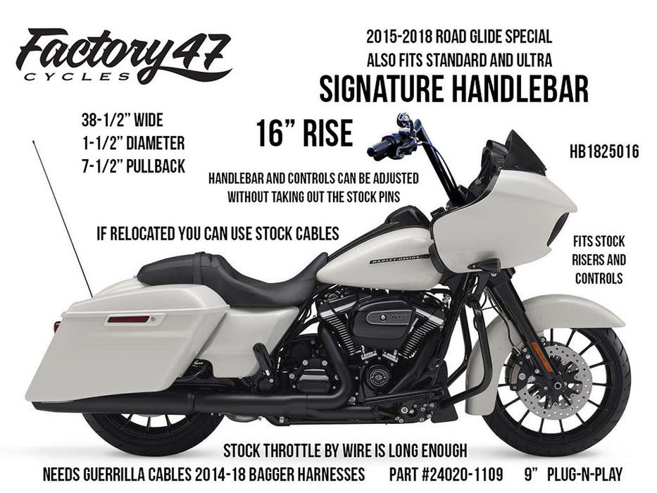 16in. x 1-1/2in. Signature Handlebar - Chrome. Fits Road Glide 2015-2023
