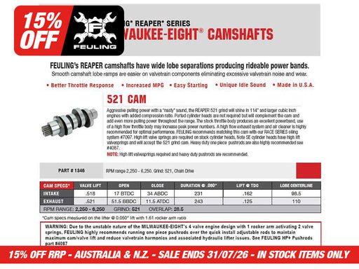 521 Reaper Chain Drive Camshaft. Fits Milwaukee-Eight 2017up.
