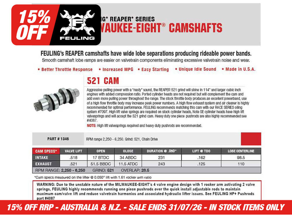 521 Reaper Chain Drive Camshaft. Fits Milwaukee-Eight 2017up.