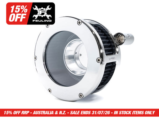 BA Air Cleaner Kit - Chrome with Clear Cover. Fits Softail 2000-2015, Dyna 1999-2017, Touring 1999-2007 with CV Carb or Cable Operated Delphi EFI