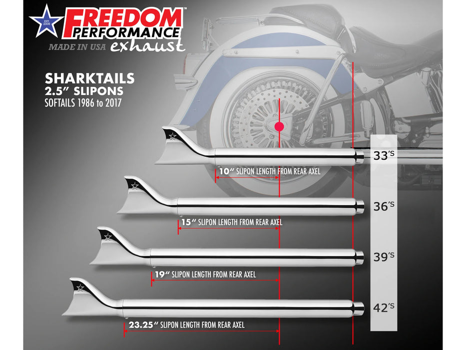 Freedom Performance Exhaust 33in. True Dual SharkTail Exhaust – Chrome. Fits Softail 1997-2006.