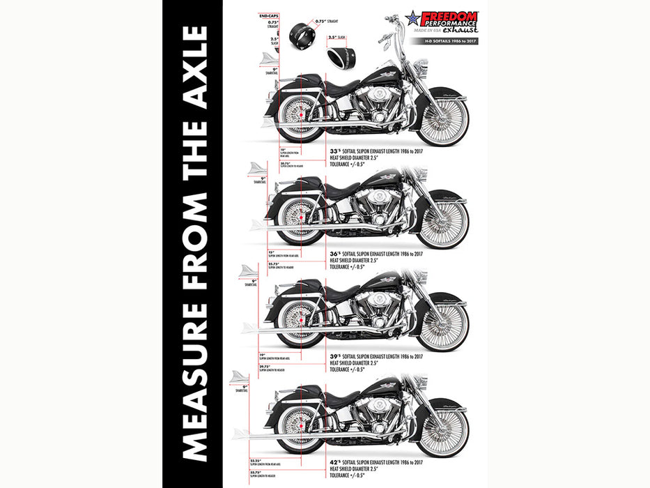 Freedom Performance Exhaust 33in. True Dual SharkTail Exhaust – Chrome. Fits Softail 1997-2006.