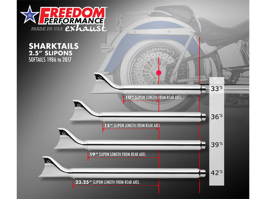 36in. True Dual SharkTail Exhaust - Chrome. Fits Softail 2007-2017.