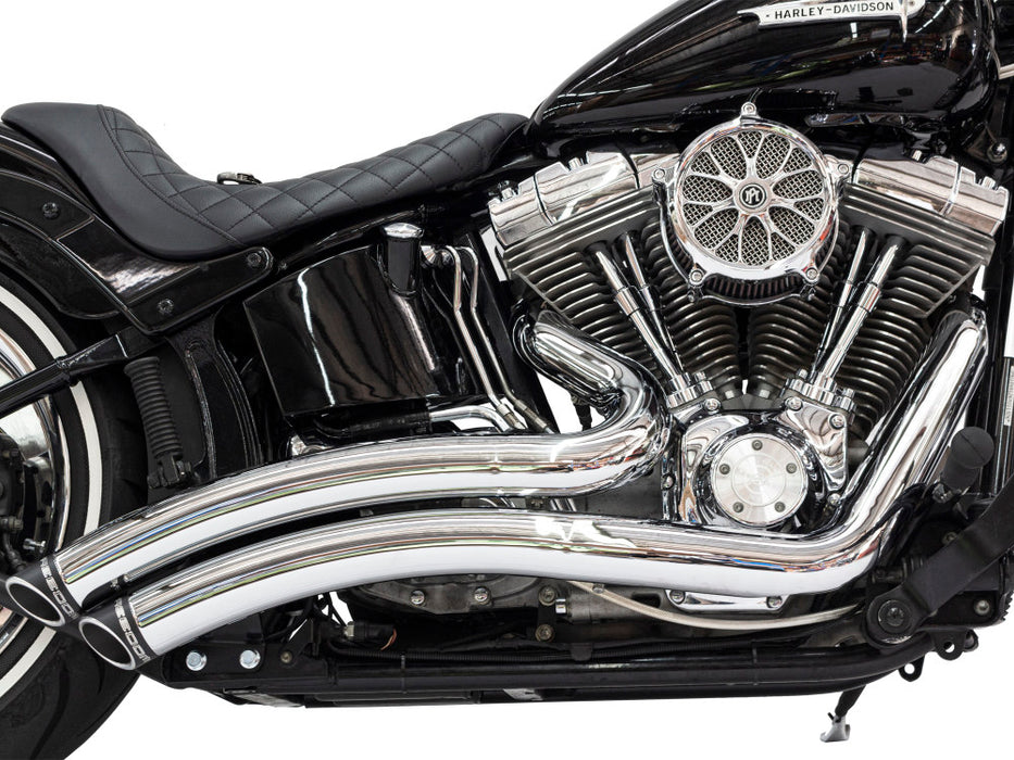 Sharp Curve Radius Exhaust - Chrome with Black End Caps. Fits Softail 1986-2017.
