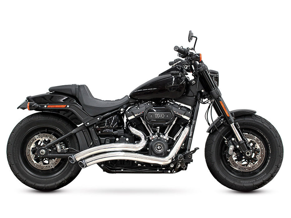 Sharp Curve Radius Exhaust - Chrome with Black End Caps. Fits Softail 2018up with Non-240 Rear Tyre