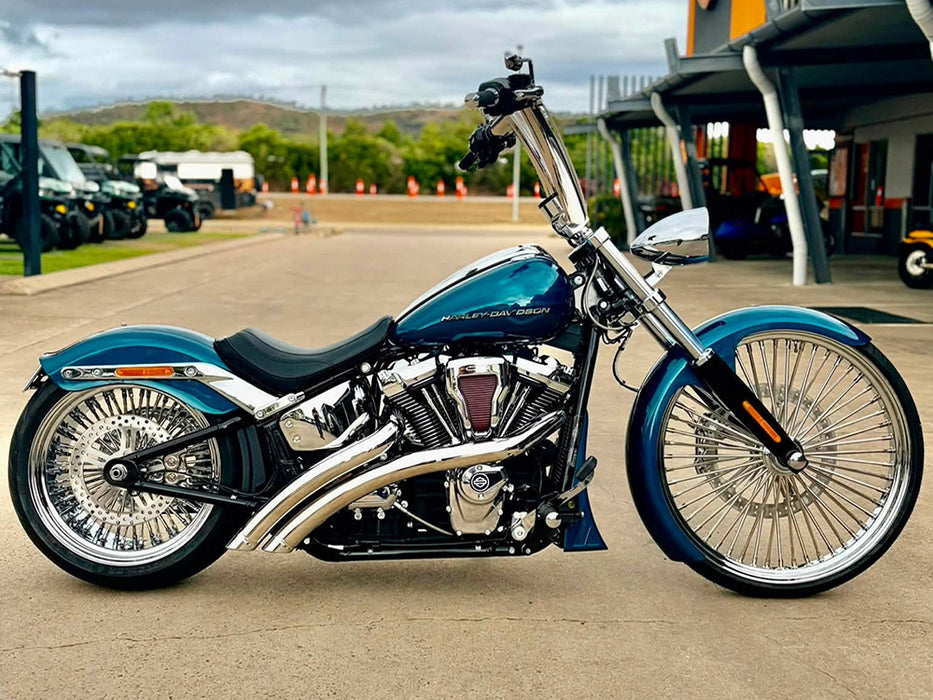Radical Radius Exhaust - Chrome with Chrome End Caps. Fits Softail 2018up.