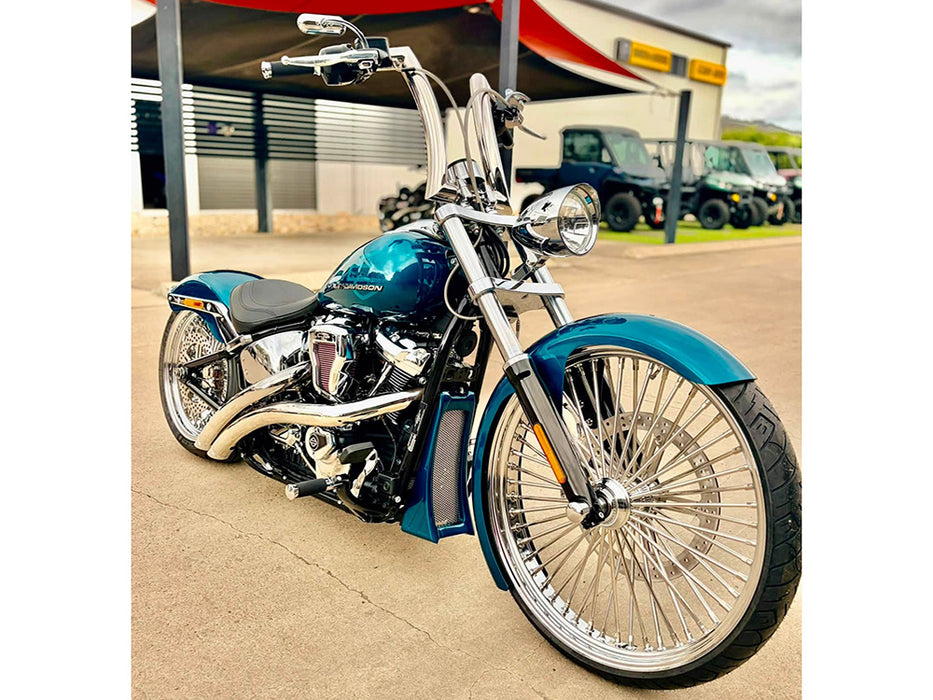 Radical Radius Exhaust - Chrome with Chrome End Caps. Fits Softail 2018up.