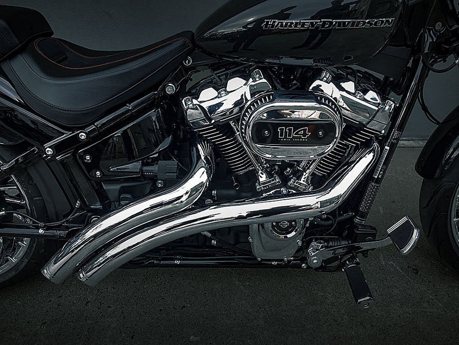 Radical Radius Exhaust - Chrome with Chrome End Caps. Fits Softail 2018up with Non-240 Rear Tyre