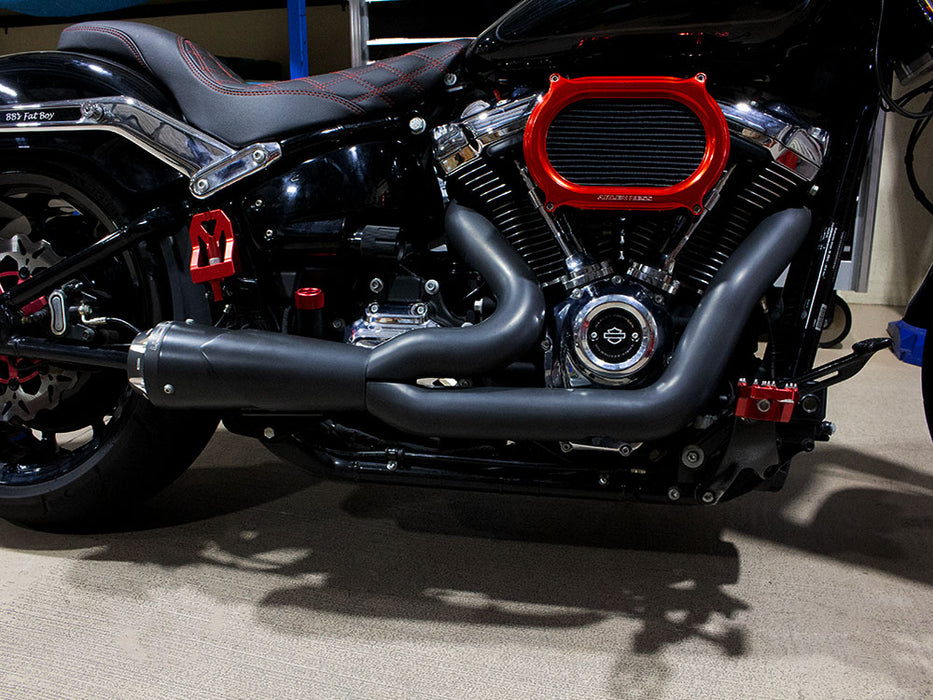 American Outlaw Shorty 2-into-1 Exhaust - Black with Black End Cap. Fits Softail 2018up.