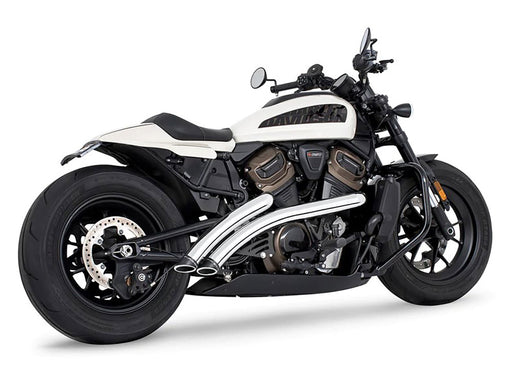Radical Radius Exhaust - Chrome with Black End Caps. Fits Sportster S 2021-2023