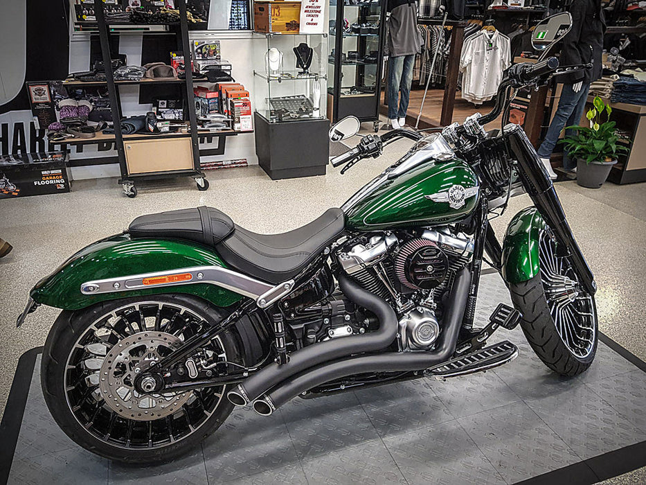 Sharp Curve Radius Exhaust - Black with Black End Caps. Fits Softail Breakout & Fat Boy 2018up