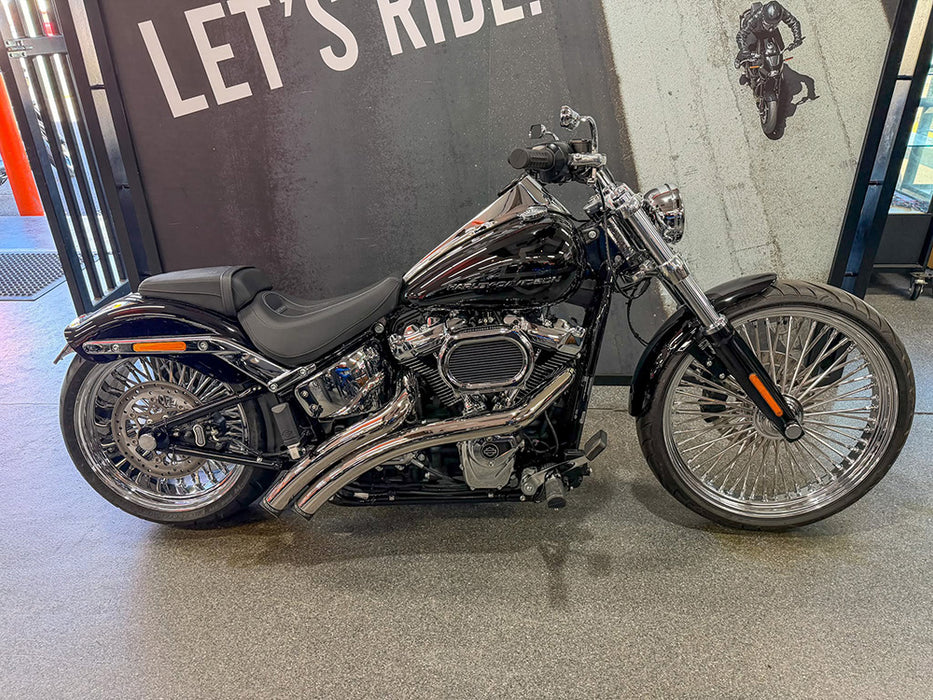 Radical Radius Exhaust - Chrome with Black End Caps. Fits Softail Breakout & Fat Boy 2018up